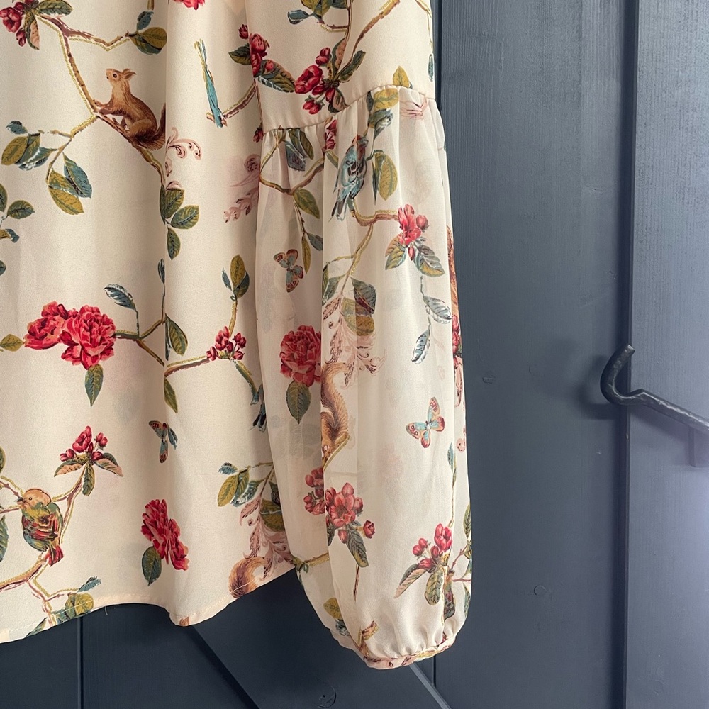LC Lauren Conrad + Disney Cream Blouse with Pink Floral & Blue Bird Print - Picture 2 of 7